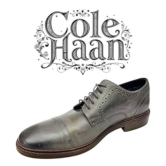 Cole Haan Mens Colton Oxford Dress Shoes Gray Leather Cap Toe Lace Up 9 M Used - Picture 1 of 10